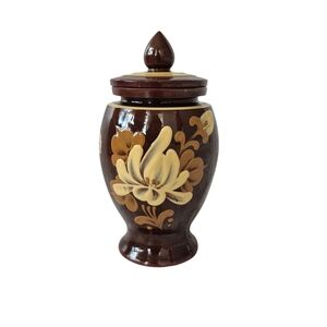 Vintage Redware Pottery Hand Painted Brown Glaze Ginger Jar Urn With Lid